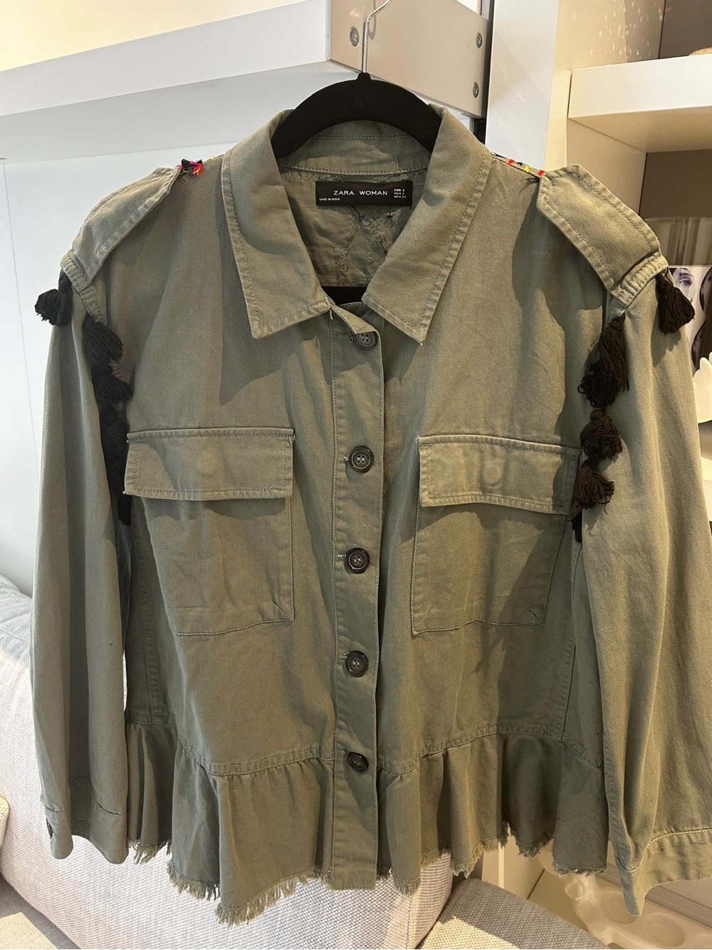 Zara khaki utility jacket with tassel trim